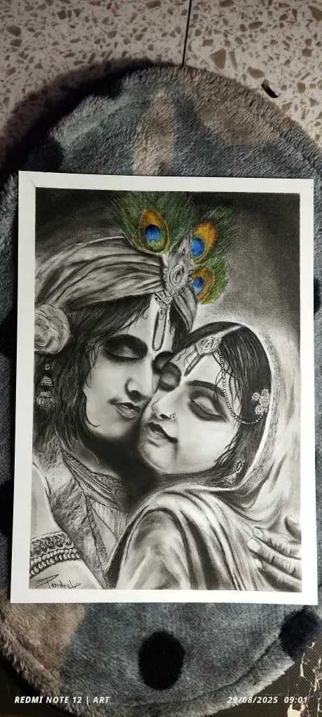 [Divine Embrace: A Charcoal Tribute to Radha Krishna  A stunning, detailed charcoal sketch capturing the timeless and eternal love of Radha and Krishna. This masterpiece, accented with subtle, vibrant color on the peacock feather crown, evokes deep devotion and spiritual serenity. Perfect for altars, meditation spaces, or as a focal point in any art collection.] Divine Embrace: A Charcoal Tribute to Radha Krishna